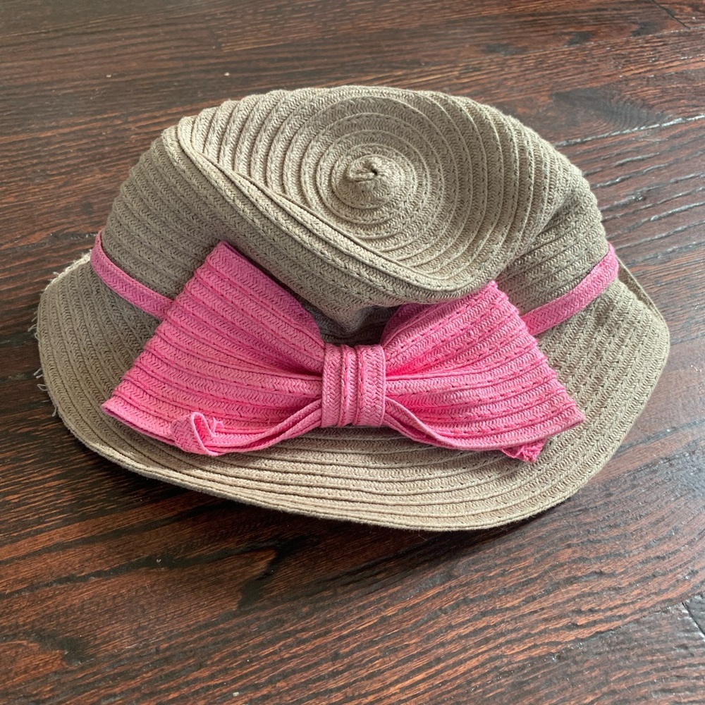 Charming CHARLIE Hat Girls Straw Floppy Hat Pink Bow Vacation Cabana Sunscreen